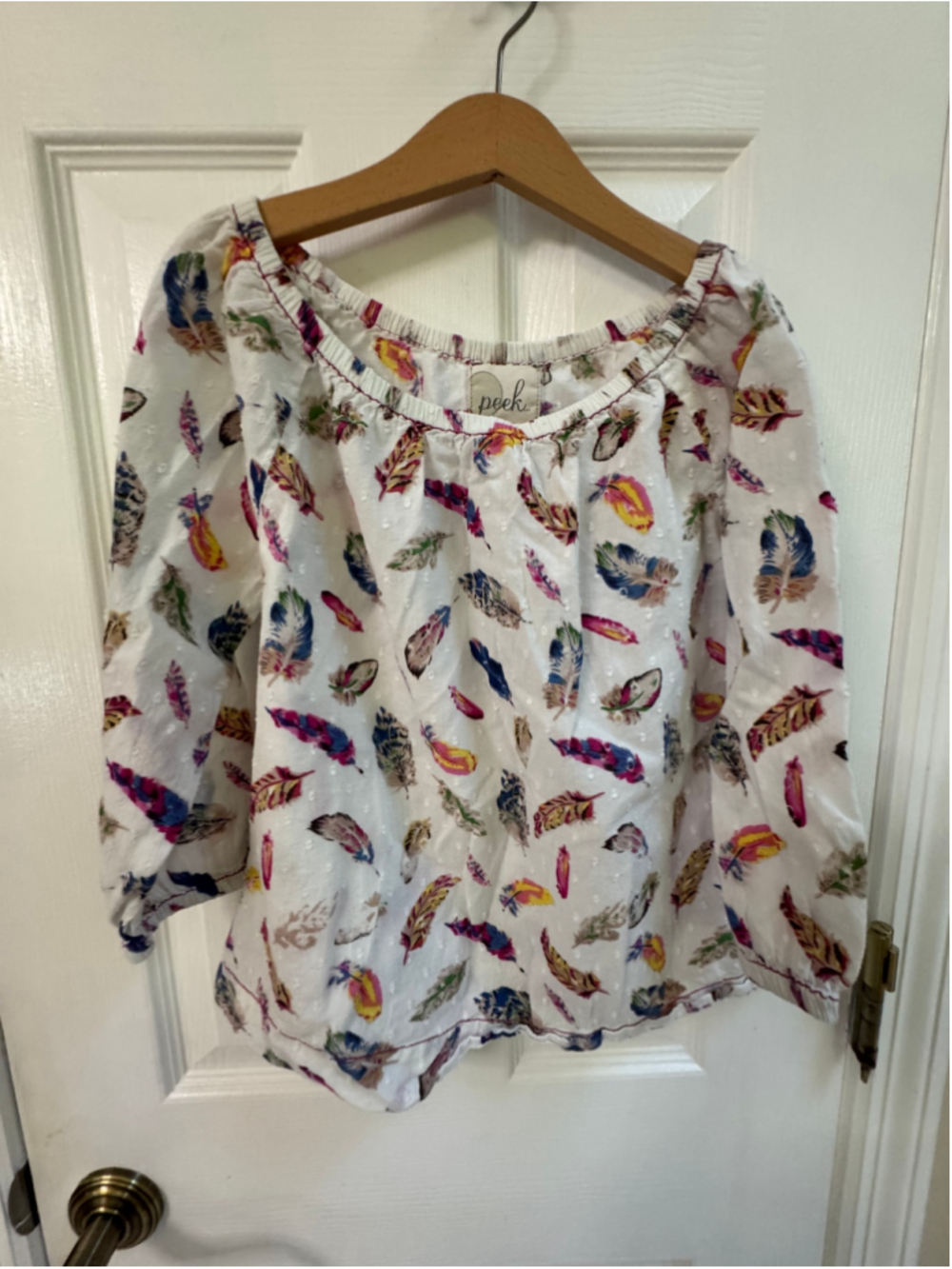 Girls Peek Feather Print Blouse off-White Multicolor Size M
